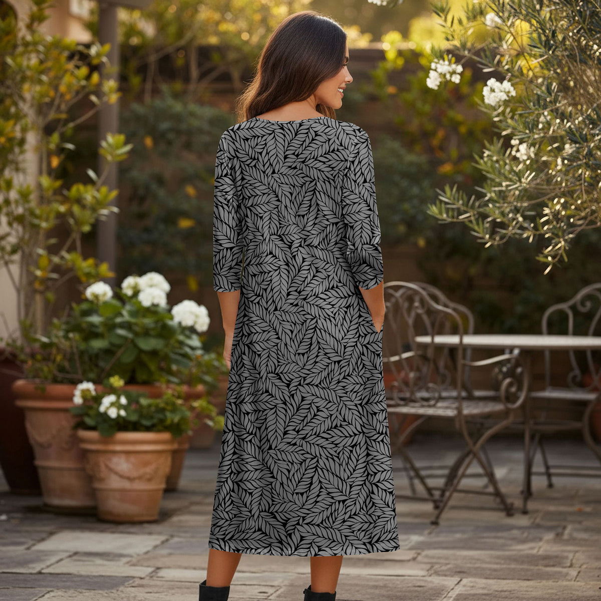 Three Quarter Sleeve Pleated Midi Dress with Pockets - Floral