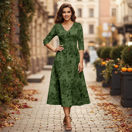 V Neck Three Quarter Sleeve Fit and Flare Midi Dress - Floral