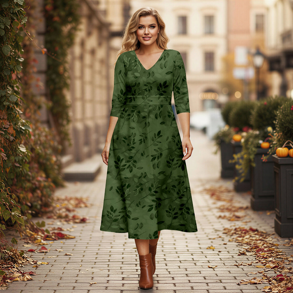 V Neck Three Quarter Sleeve Fit and Flare Midi Dress - Floral