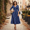 V Neck Three Quarter Sleeve Fit and Flare Midi Dress - Floral