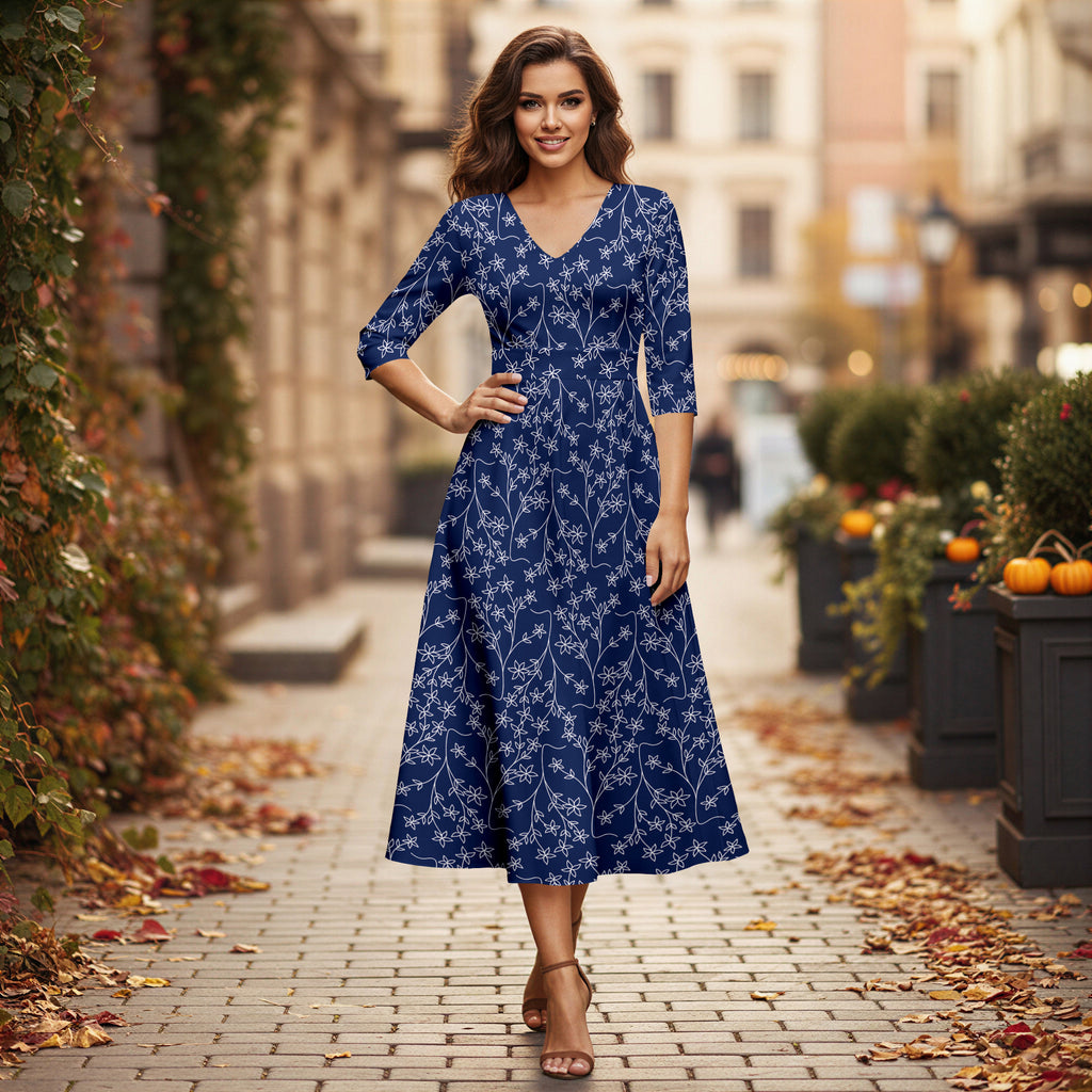 V Neck Three Quarter Sleeve Fit and Flare Midi Dress - Floral