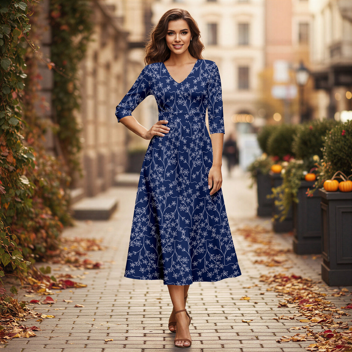 V Neck Three Quarter Sleeve Fit and Flare Midi Dress - Floral