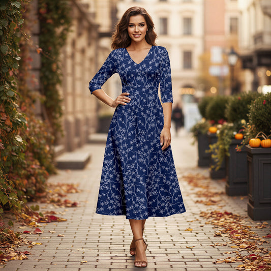 V Neck Three Quarter Sleeve Fit and Flare Midi Dress - Floral