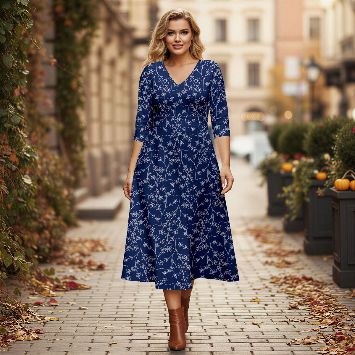 V Neck Three Quarter Sleeve Fit and Flare Midi Dress - Floral