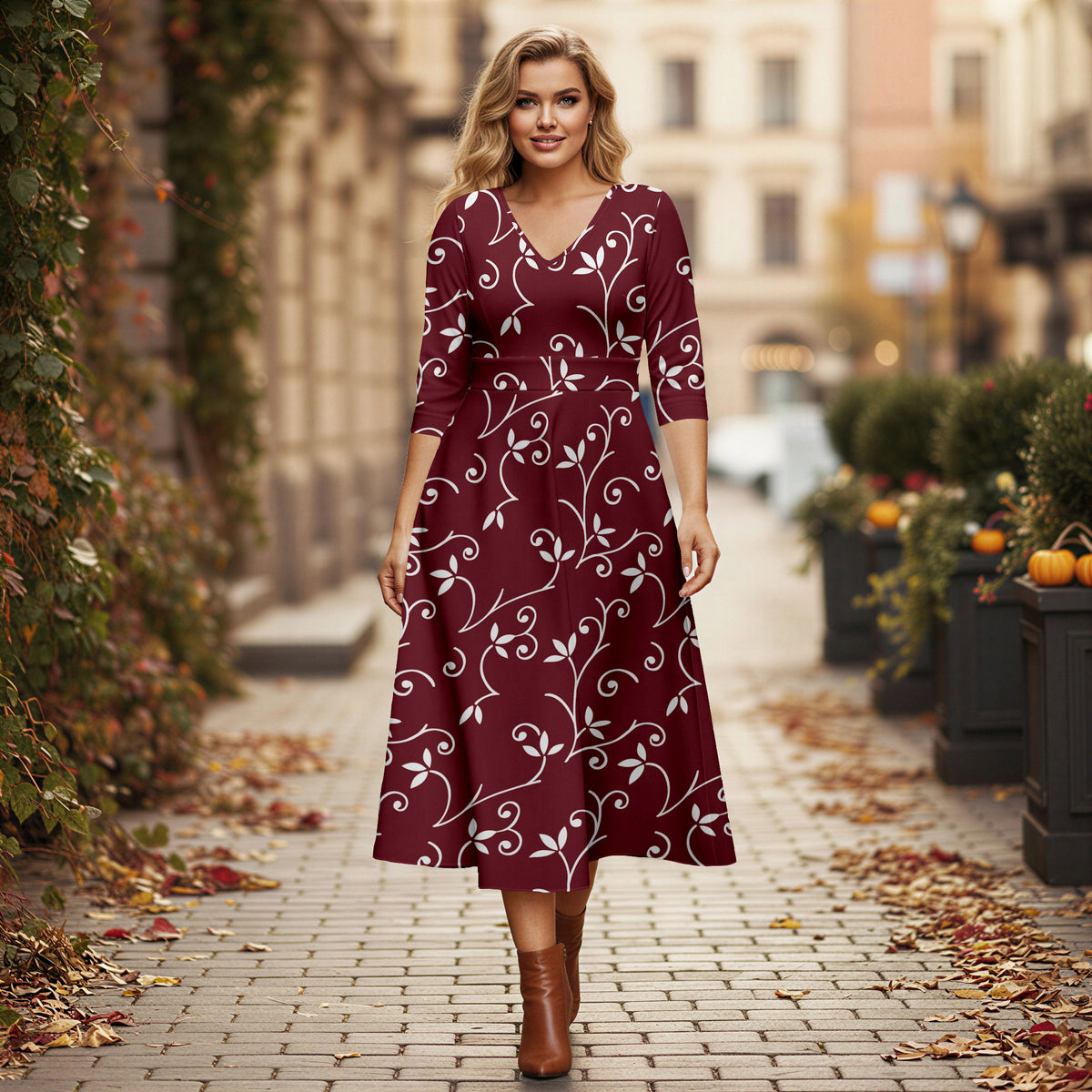 V Neck Three Quarter Sleeve Fit and Flare Midi Dress - Floral