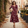 V Neck Three Quarter Sleeve Fit and Flare Midi Dress - Floral