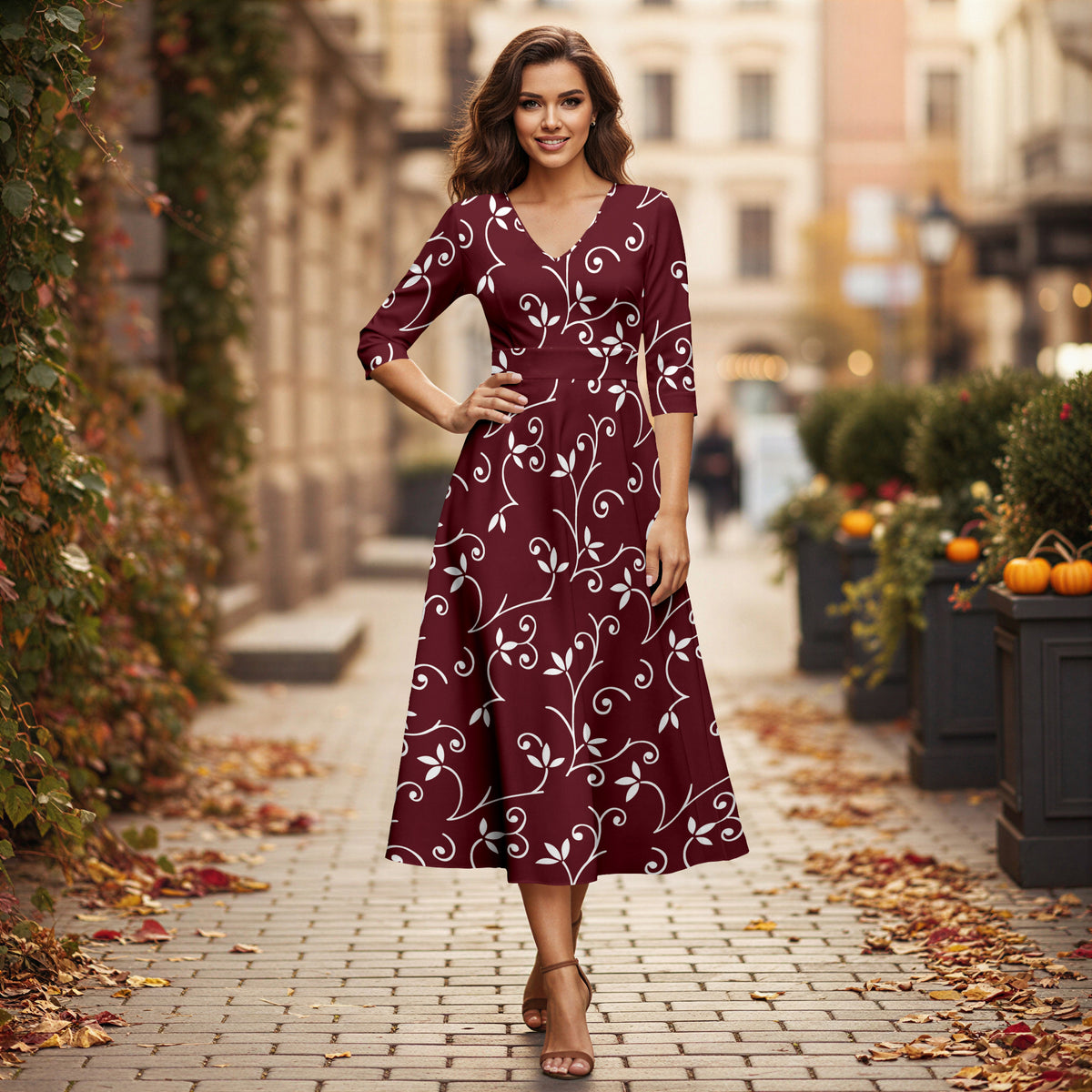 V Neck Three Quarter Sleeve Fit and Flare Midi Dress - Floral