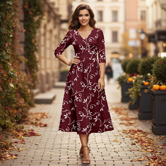 V Neck Three Quarter Sleeve Fit and Flare Midi Dress - Floral