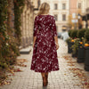 V Neck Three Quarter Sleeve Fit and Flare Midi Dress - Floral