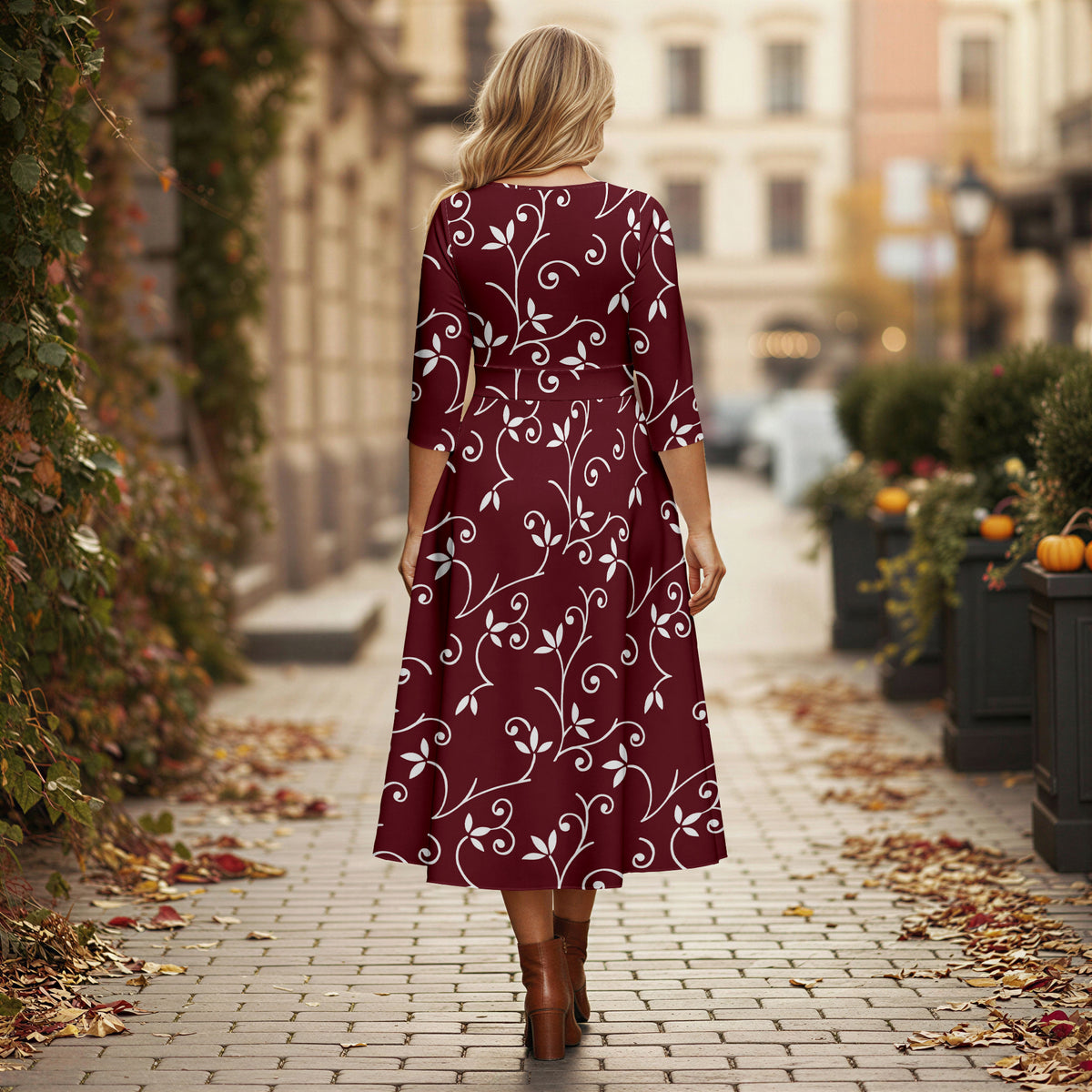 V Neck Three Quarter Sleeve Fit and Flare Midi Dress - Floral
