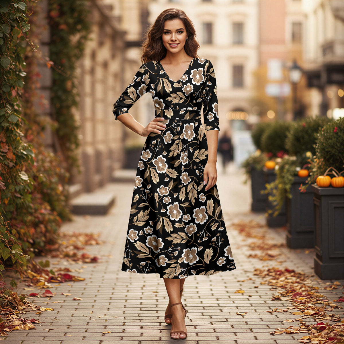V Neck Three Quarter Sleeve Fit and Flare Midi Dress - Floral