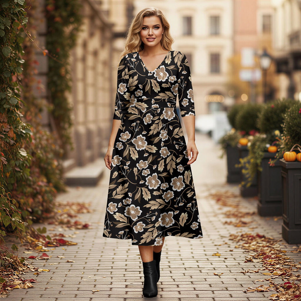 V Neck Three Quarter Sleeve Fit and Flare Midi Dress - Floral