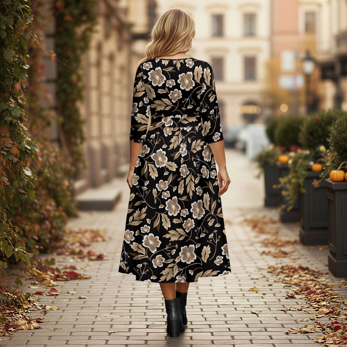 V Neck Three Quarter Sleeve Fit and Flare Midi Dress - Floral