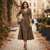 V Neck Three Quarter Sleeve Fit and Flare Midi Dress - Striped