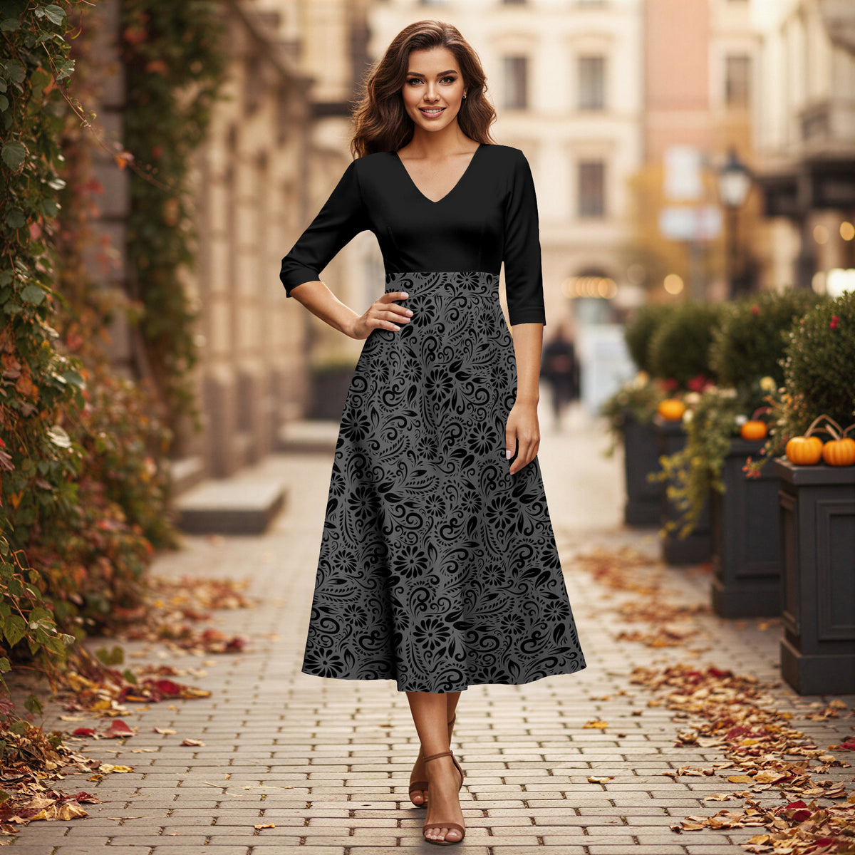 V Neck Three Quarter Sleeve Fit and Flare Midi Dress - Floral
