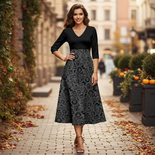 V Neck Three Quarter Sleeve Fit and Flare Midi Dress - Floral