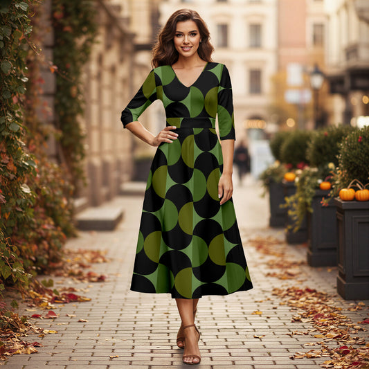 V Neck Three Quarter Sleeve Fit and Flare Midi Dress - Geometric